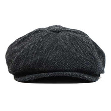 Load image into Gallery viewer, Gray Harris Tweed newsboy cap by Carlisle Hats showing classic rounded crown and short brim on a neutral background.