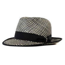 Load image into Gallery viewer, Carlisle Hats Elwood Panama straw hat with black and natural weave, featuring a wide brim and classic design.