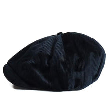 Load image into Gallery viewer, Velour Cord Blue Black Newsboy Cap by Carlisle Hats, stylish men's hat with classic rounded crown and short brim.
