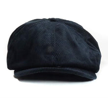 Load image into Gallery viewer, Newsboy cap by Carlisle Hats in velour cord blue and black, featuring a classic rounded crown and short brim.