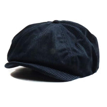 Load image into Gallery viewer, Velour Cord Blue Black Newsboy Cap by Carlisle Hats, soft fabric with classic rounded brim and button detail.