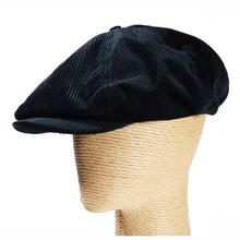 Load image into Gallery viewer, Velour cord blue and black newsboy cap by Carlisle Hats, featuring classic rounded crown and brim detail.