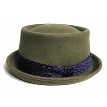 Load image into Gallery viewer, Carlisle Hats Pork Pie Fawn B, a stylish beige pork pie hat with a black band, shown from a side angle.
